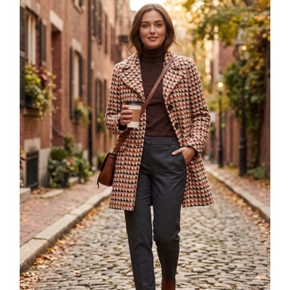 Caslon Tweed Coat Women XS Rust Brown Chunky Basketweave 70s Retro Boho Academia